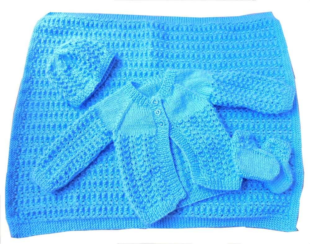 Baby Boy Blue Knitted Coat, Hat, Booties and Blanket Matinee Set