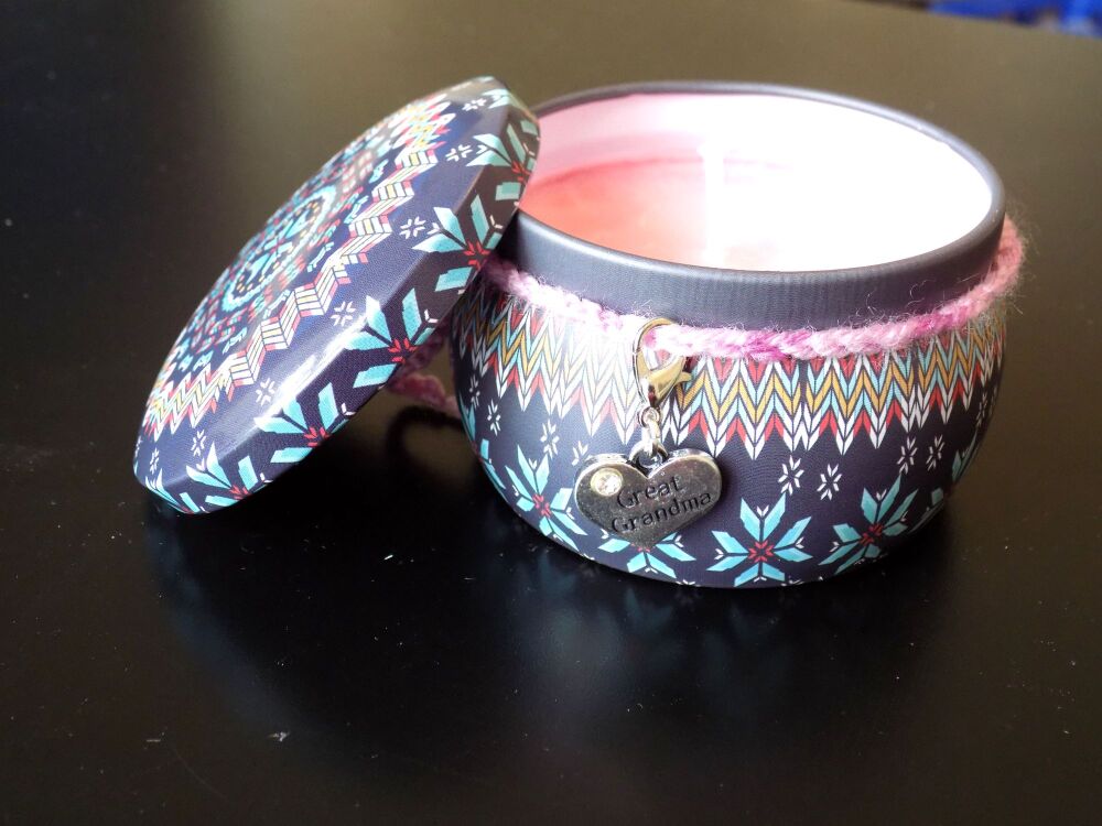 Great Grandma Scented Candle Tin in Pretty Pink - Handmade with rhubarb and