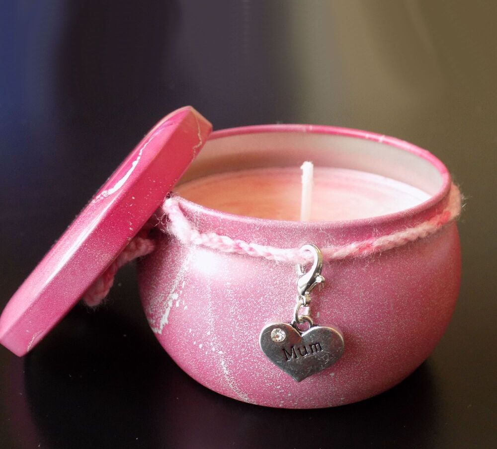 Mum Scented Candle Tin in Pretty Pink - Handmade with rhubarb and strawberr