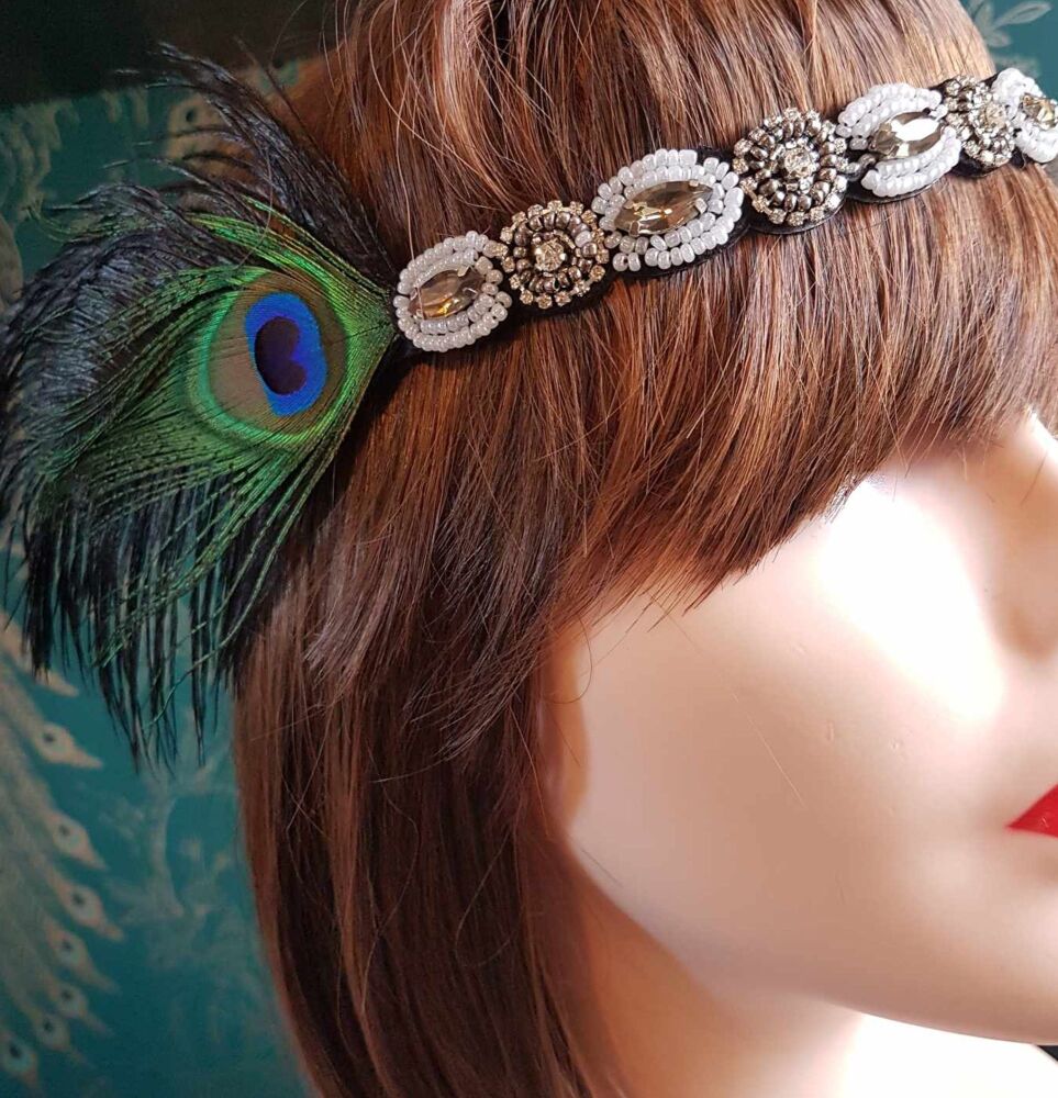 Black Feather Flapper Headband with White Pearl and Rhinestones Plus Black and Peacock Feathers
