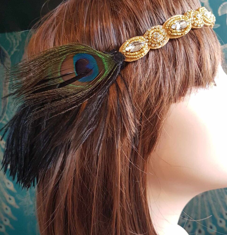 Black Feather Flapper Headband with Gold Pearl and Rhinestones Plus Black and Peacock Feathers