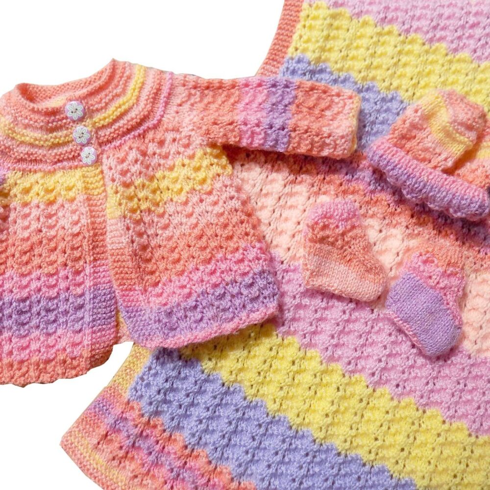 Baby Girl Pink, Peach and Lilac Matinee and Blanket set