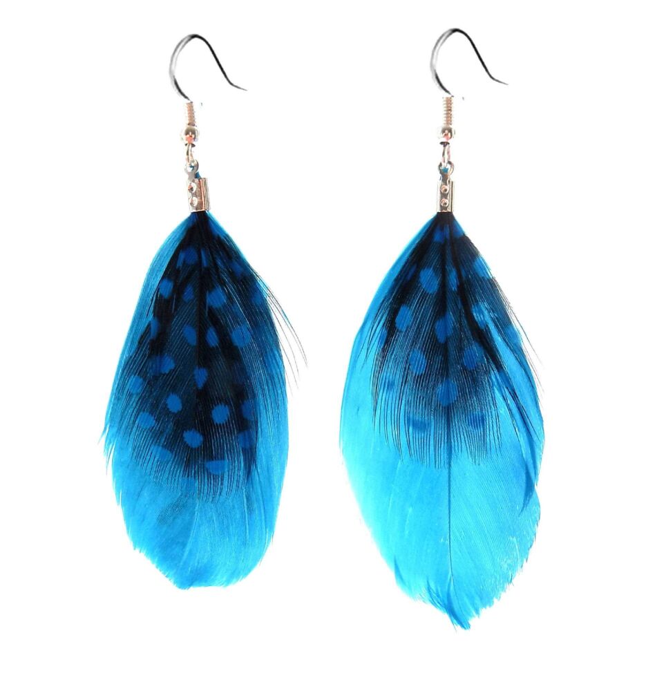 Deep Turquoise Feather Earrings with Goose and Guinea Feathers