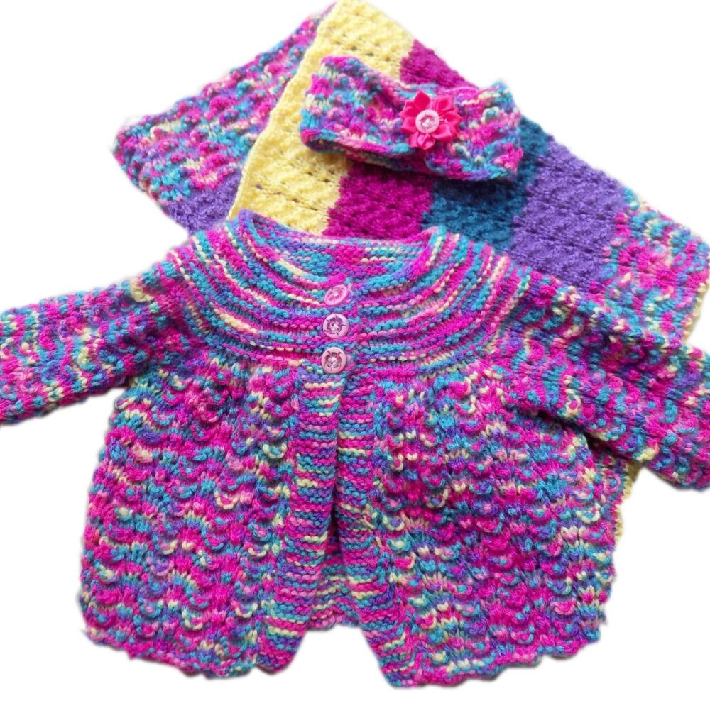 Baby Knitted Coat, Headband and Pram Size Blanket Matinee Set - Mermaid Pink/Purple
