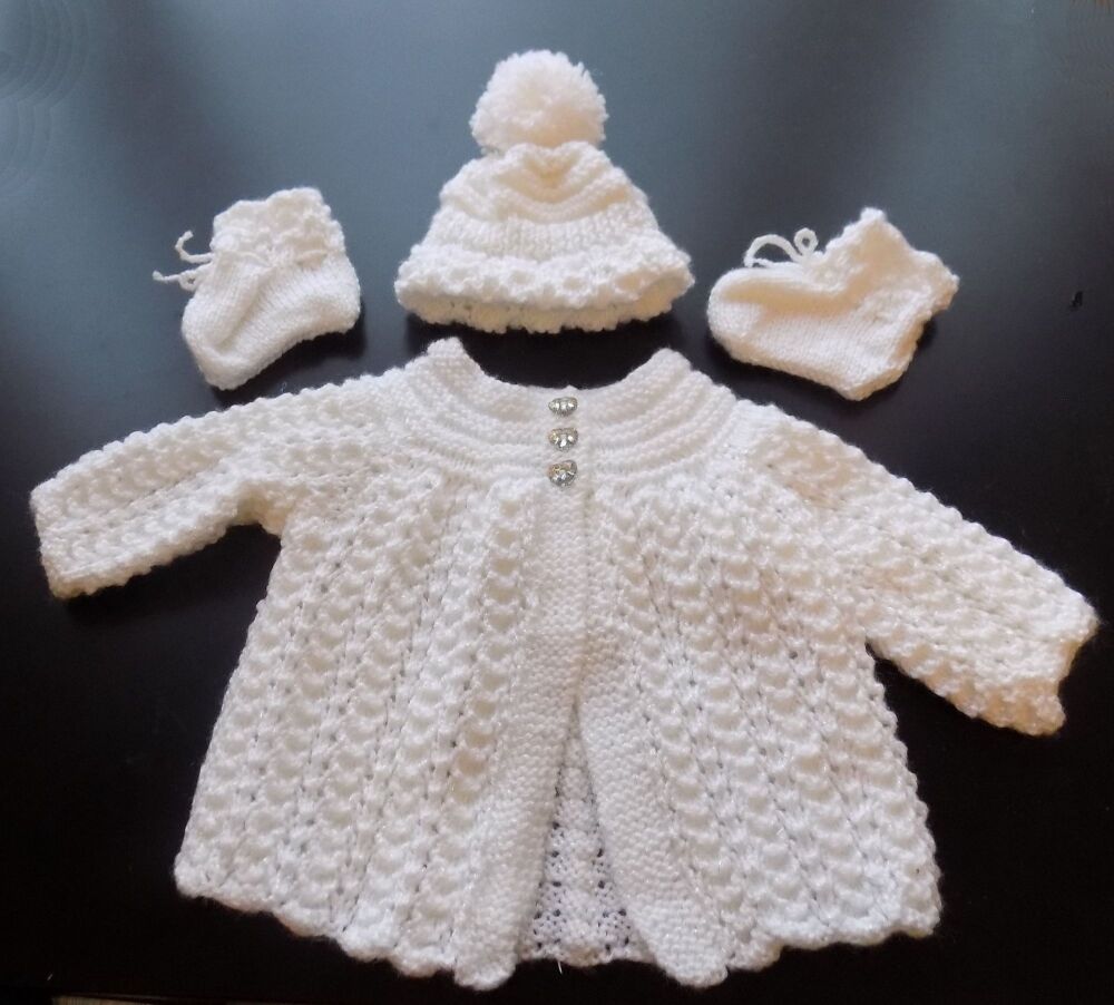 White Baby Matinee Set Knitted Cardigan, Bonnet and Booties Set, Unisex