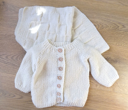 Baby Boy Knitted Cream Cardigan and Pram Blanket
