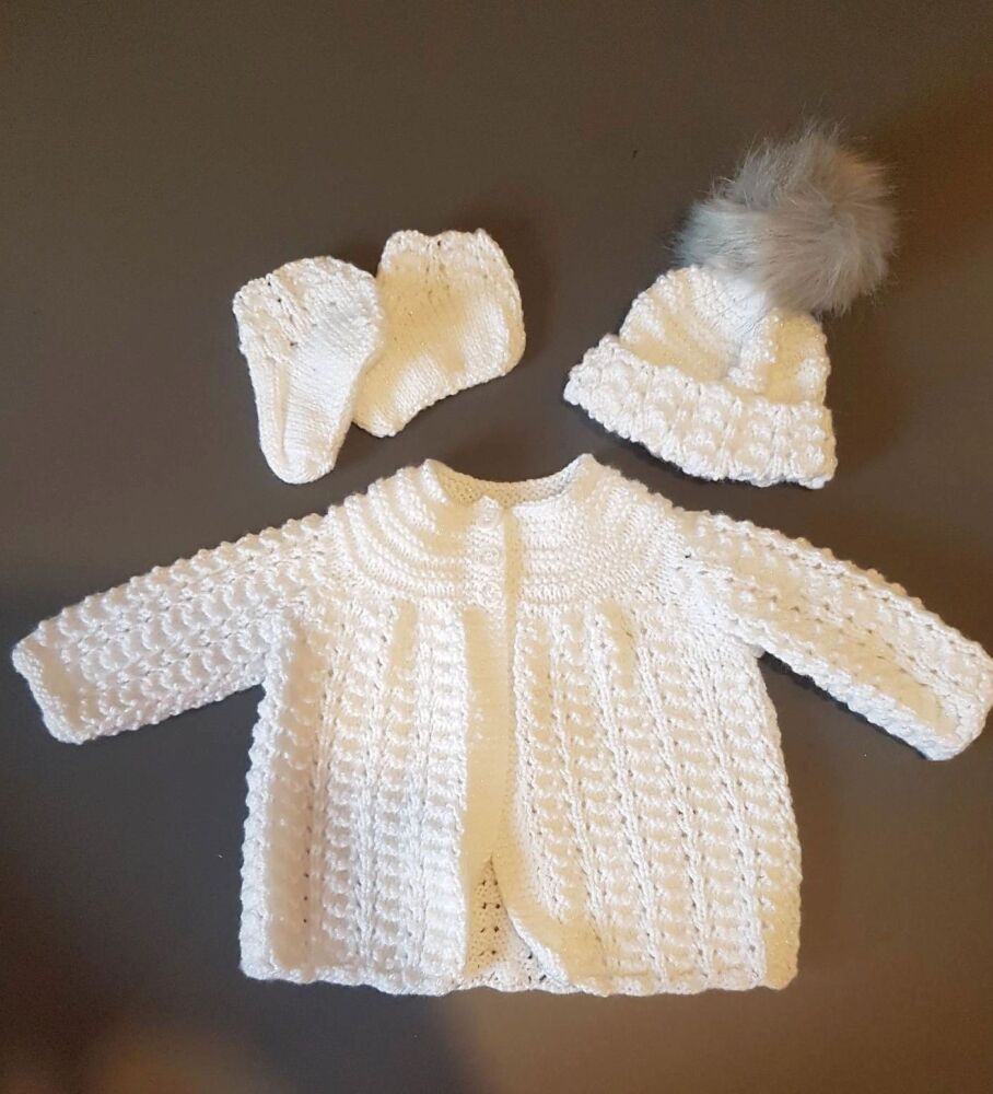 Baby Cardigan Coat, Bobble Hat and Booties Matinee Set, White, 0 to 3 Month
