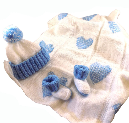 Baby Boy Newborn Gift Set, 0 to 6 Months, Pram Blanket, Bobble Hat and Boot