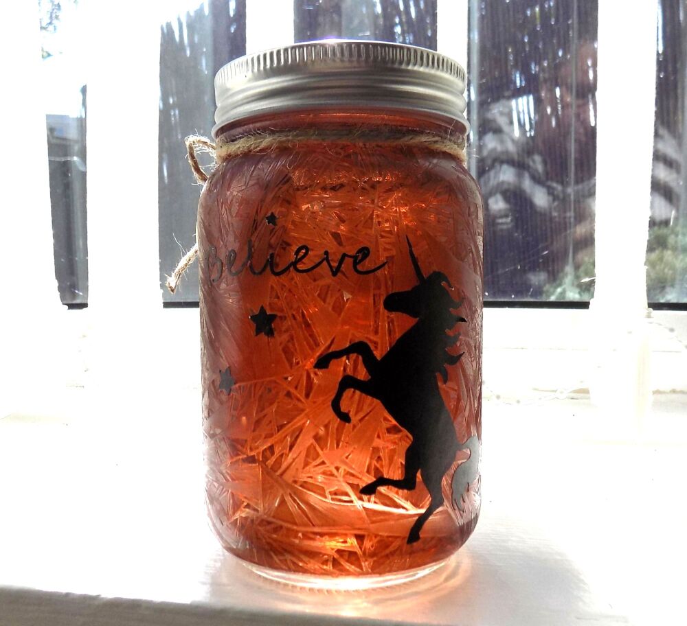 Unicorn Believe Firefly Mason Jar LED Light Up, Battery Operated Night Light