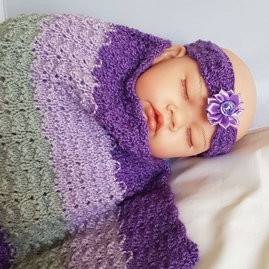 Baby Girl Purple Handcrafted Knitted Pram Blanket and matching headband