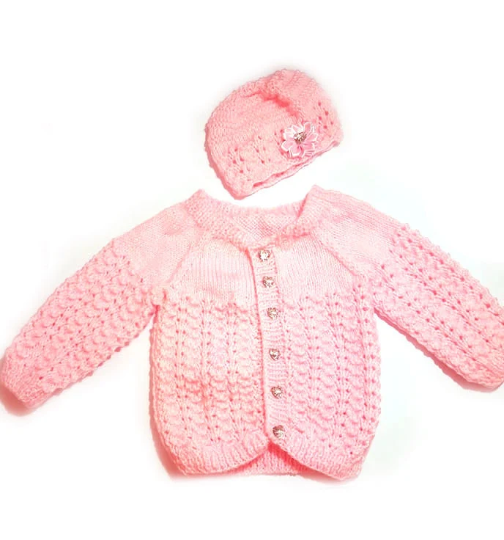 Baby Girl Set, Pink Wool Coat Cardigan and Hat, 0-3 Months, Newborn Gift