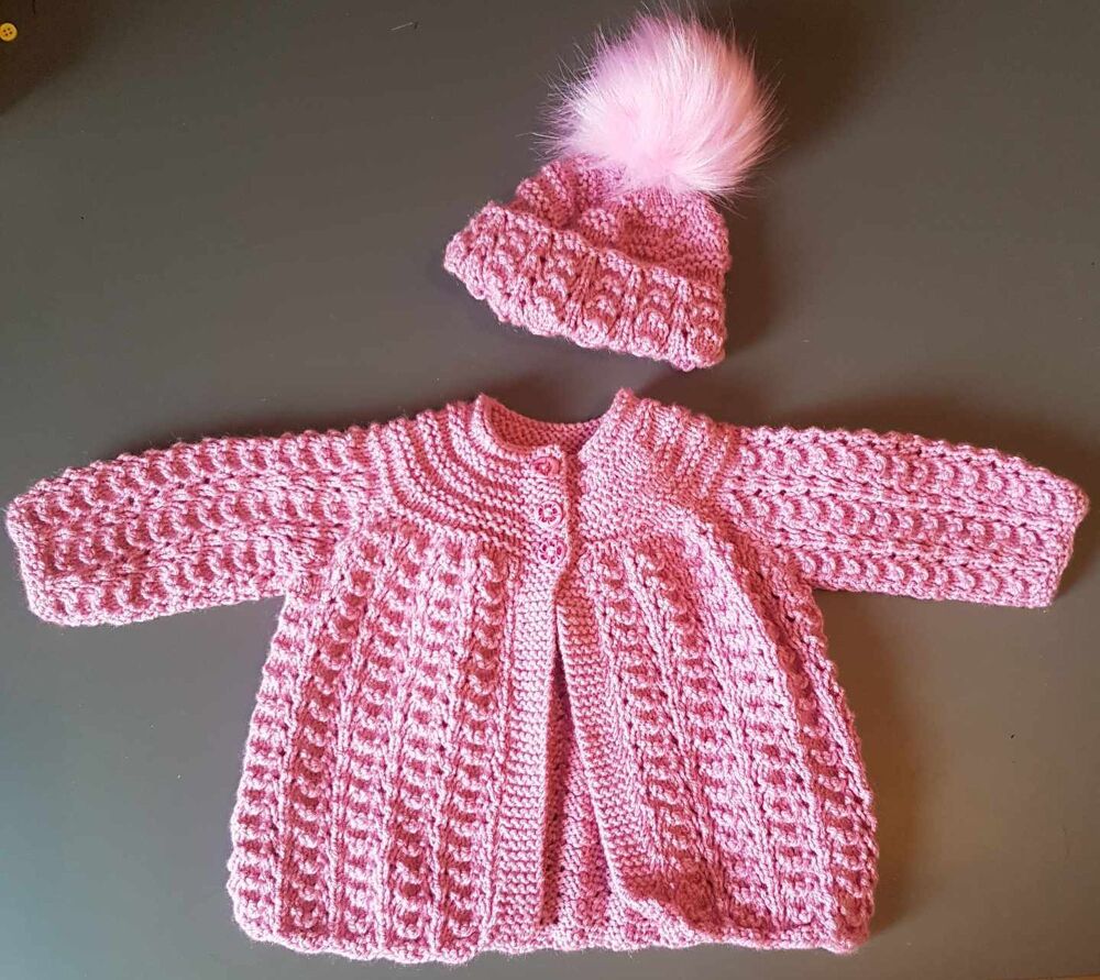 Rose Pink Baby Matinee Set Knitted Coat and Bobble Hat Set (0 to 3+ Months)