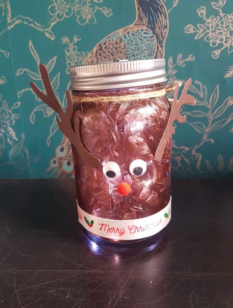 Reindeer Christmas Firefly Mason Jar LED Light Up, Battery Operated Night L