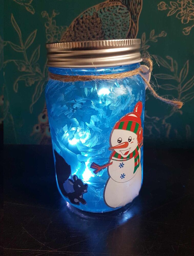 Snowman Christmas Firefly Mason Jar LED Light Up, Battery Operated Night Light