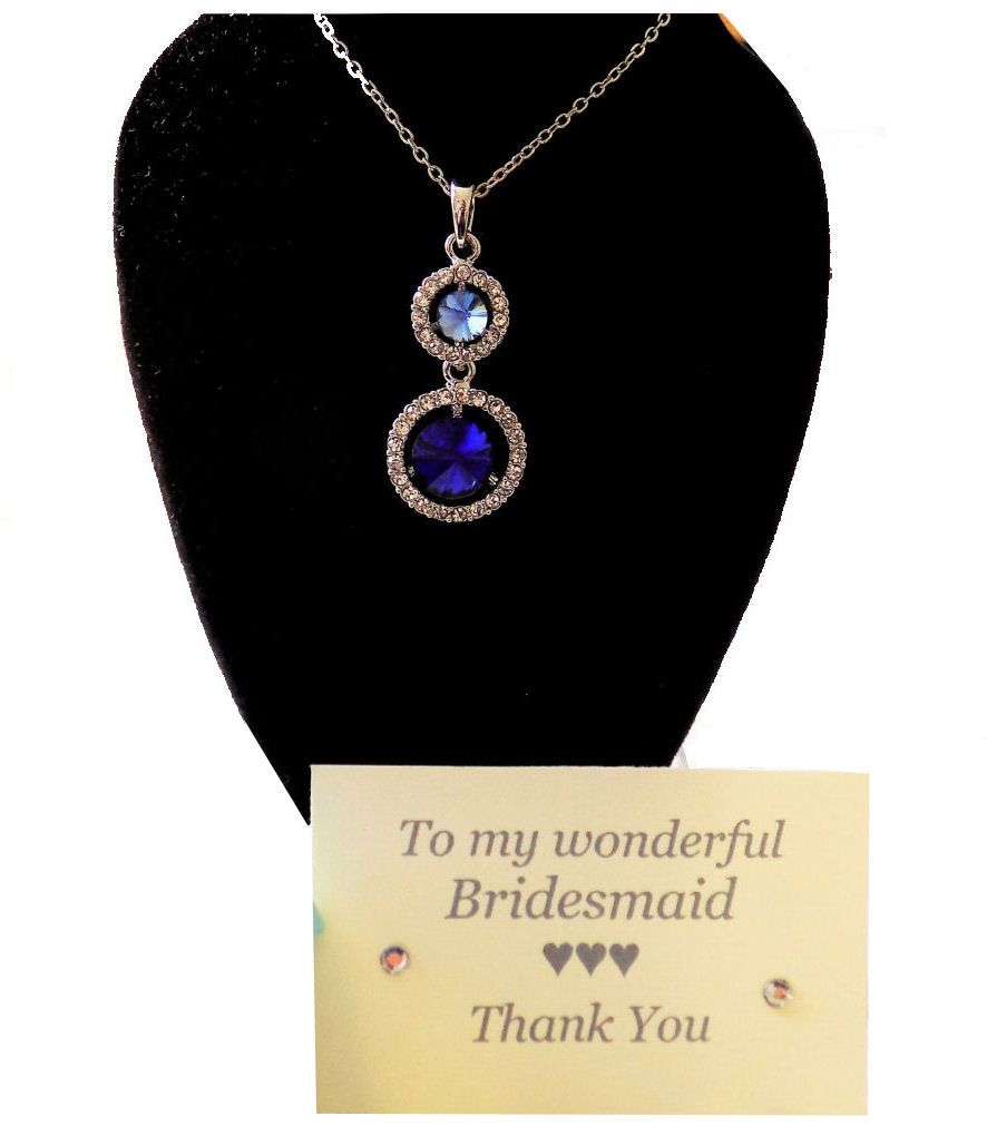Bridesmaid Necklace with Royal Blue Pendant, Thank You Card & Organza Bag