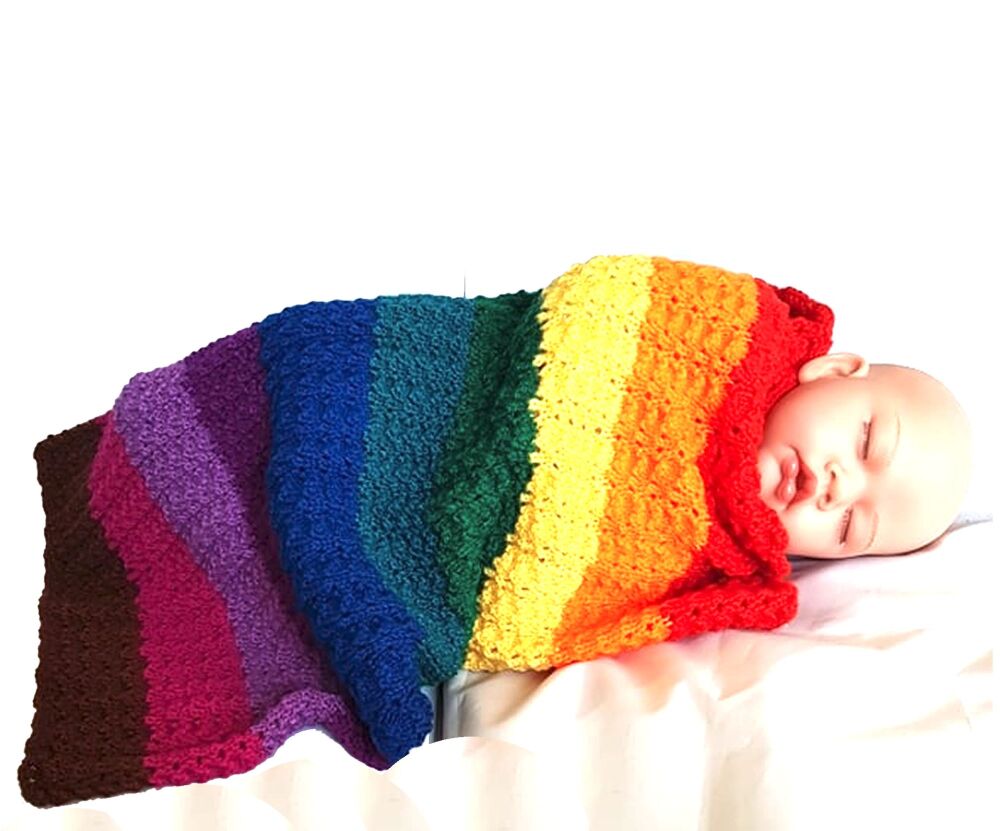 Rainbow Pram Blanket, Baby Blanket Hand Knitted, Unisex for baby boy or gir