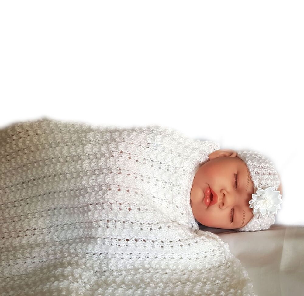 White baby hand knitted summer pram blanket and matching white baby headban