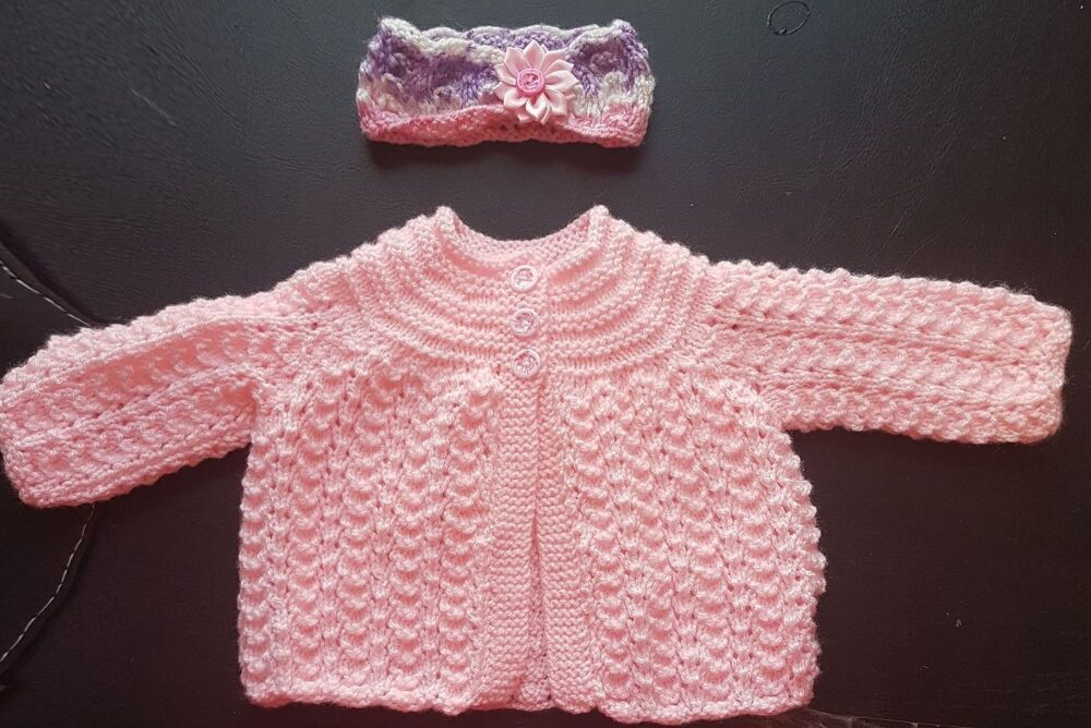 Baby Pink Knitted Cardigan and Headband , 0-3 Months, Hand Knitted Newborn Keepsake Gift Set