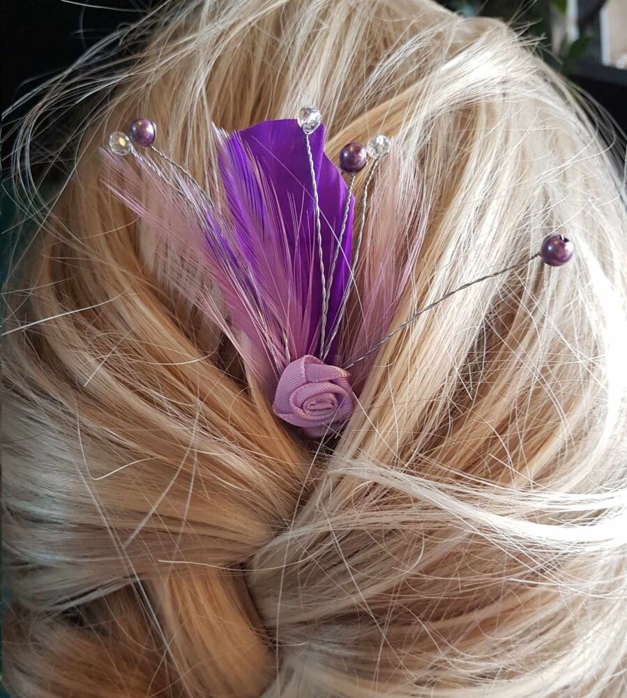 Purple and Lilac Feather Hair Grip, Glass Beads and Purple Beads