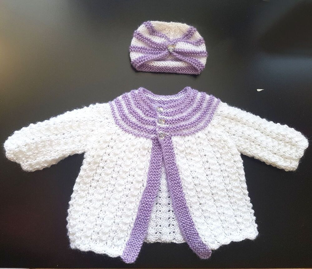 Lilac and White Baby Cardigan and Turban set , 0-3 Months, Hand Knitted