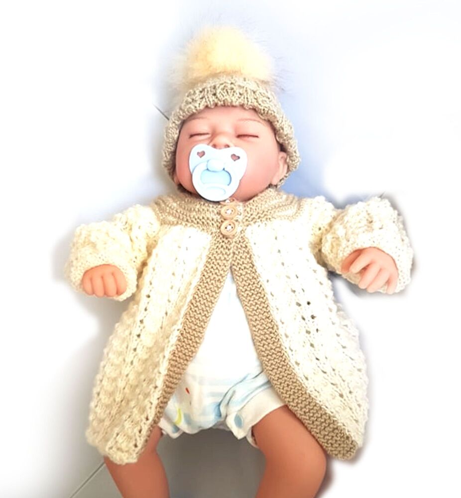 Cream and Beige Baby Knitted Cardigan and Bobble Hat Set (0 to 3+ Months)