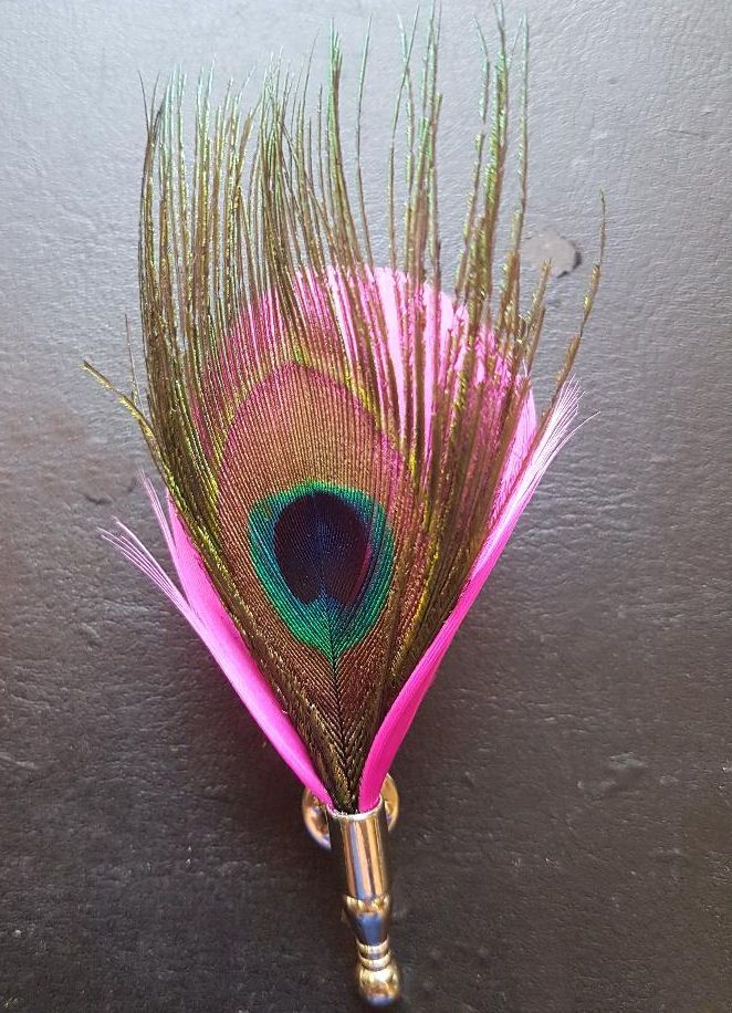 Feather Buttonhole - Peacock and Shocking Pink Feathers