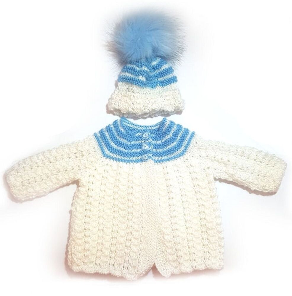 Blue and White Baby Knitted Cardigan and Bobble Hat Set (0 to 3+ Months)