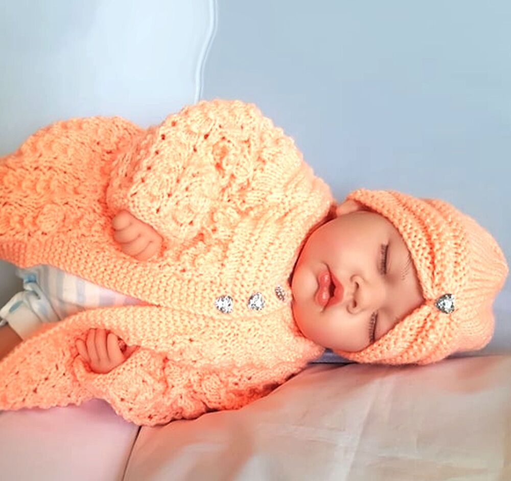 Peach Baby Cardigan and Turban set , 0-3 Months, Hand Knitted