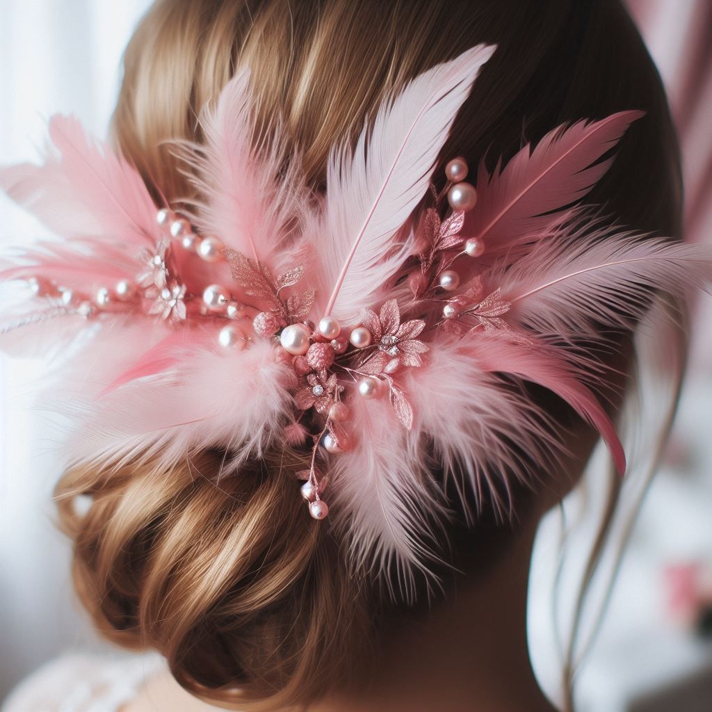 cascading pink feathers sat on a hair piece worn by a bridesmaid.jpg