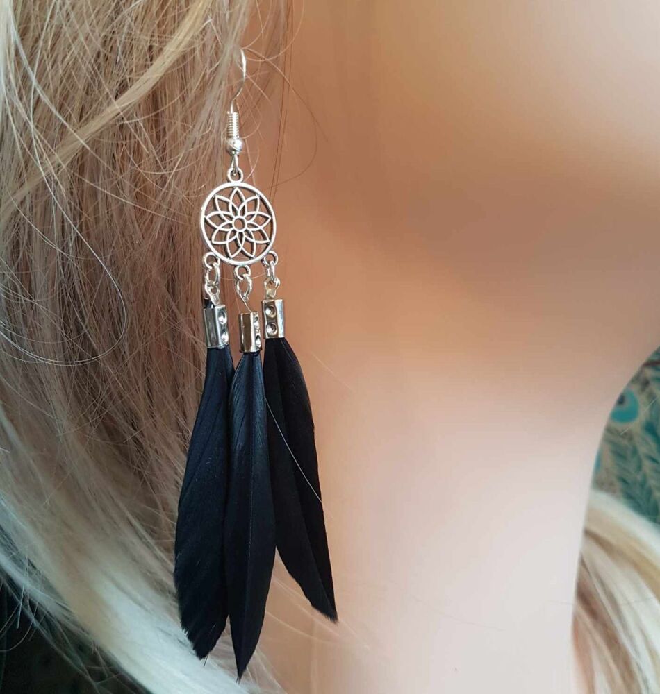 Black Feather Earrings with Decorative Silver Pendant and Three Sleek Goose Feathers