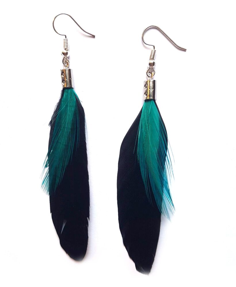 Black Feather Earrings with Teal Green Hackle Feathers
