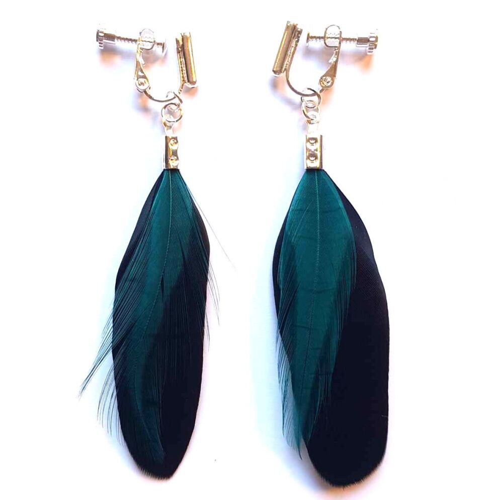Black Feather Earrings with Teal Hackle Feathers (Clip on/Screw On)