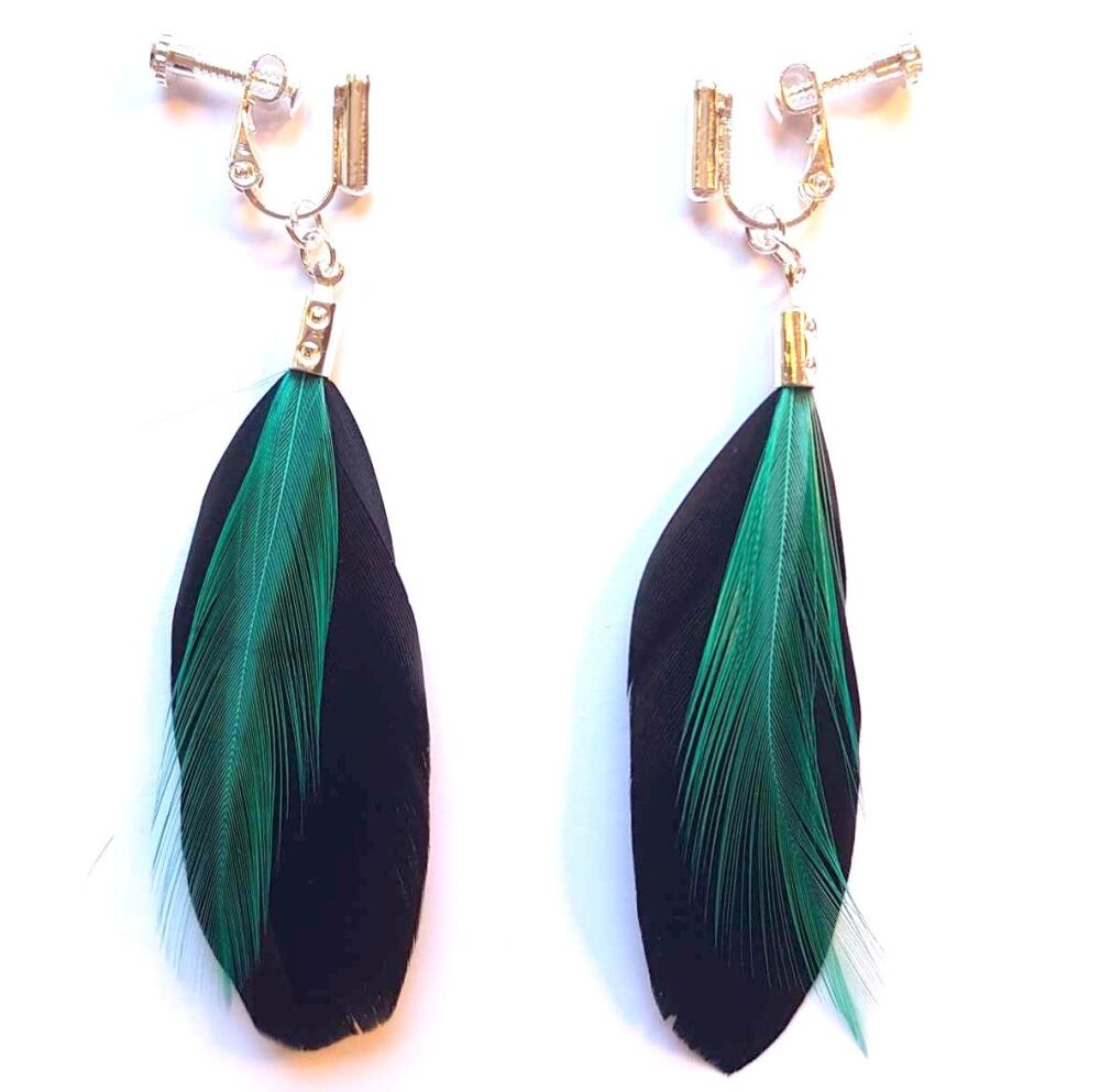 Black Feather Earrings with Teal Green Hackle Feathers (Clip on/Screw On)