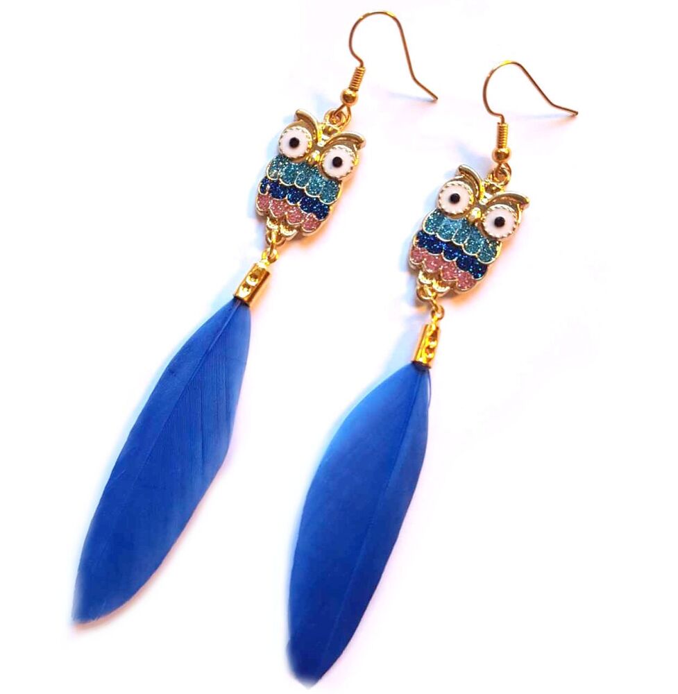 Blue Goose Feather Earrings with Gold, Decorative Owl Charm