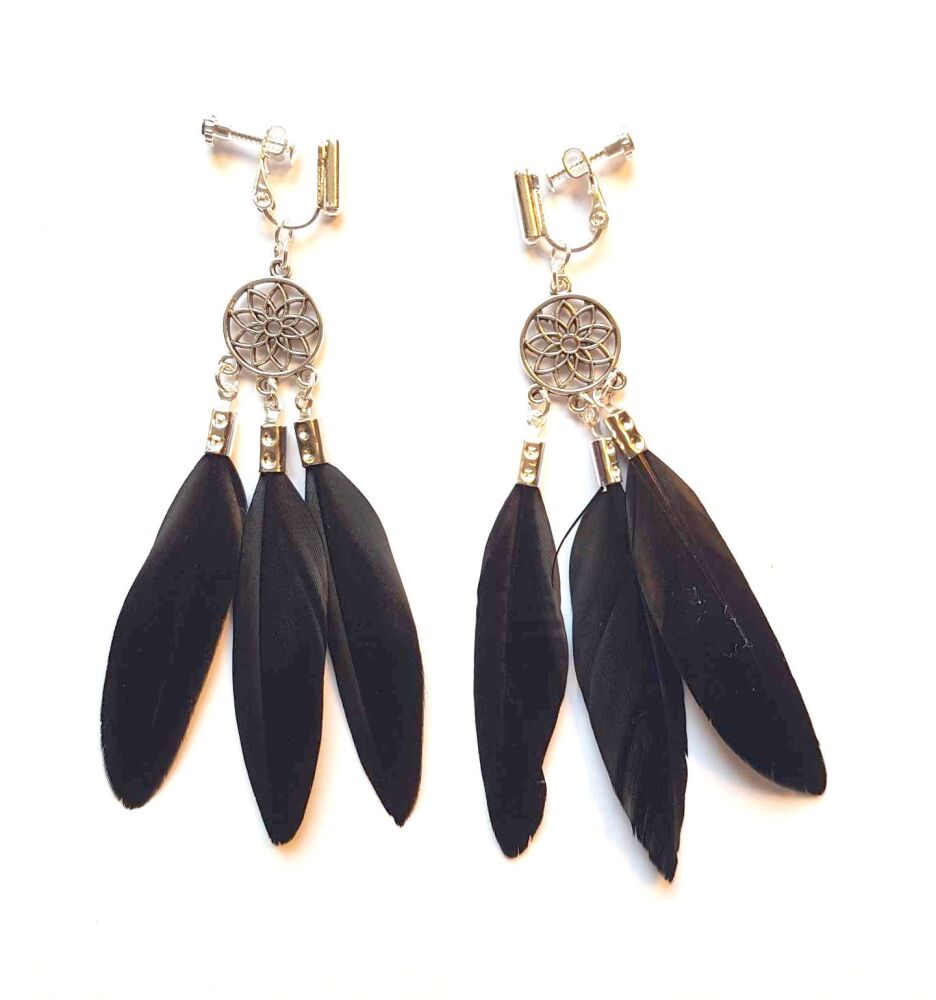 Black Feather Earrings (Clip on/Screw on) with Decorative Silver Pendant an