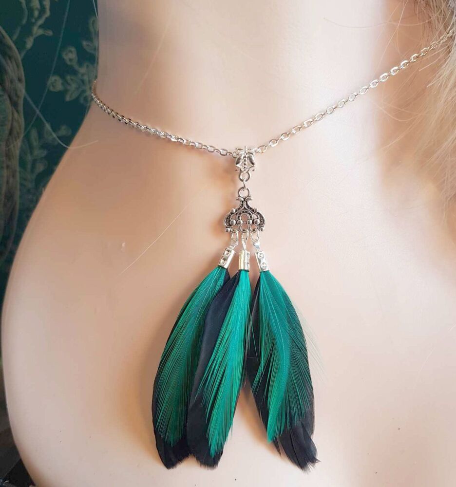Black and Teal Green Feather Necklace with Silver Charms and Chain