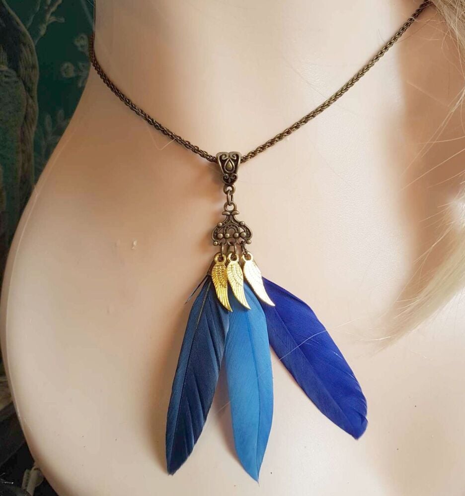 Blue Feathers and Antique Bronze Long Necklace