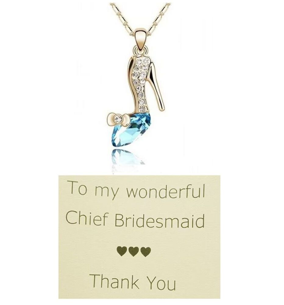 Chief Bridesmaid Necklace with Crystal Shoe Pendant, Thank You Card & Organza Bag