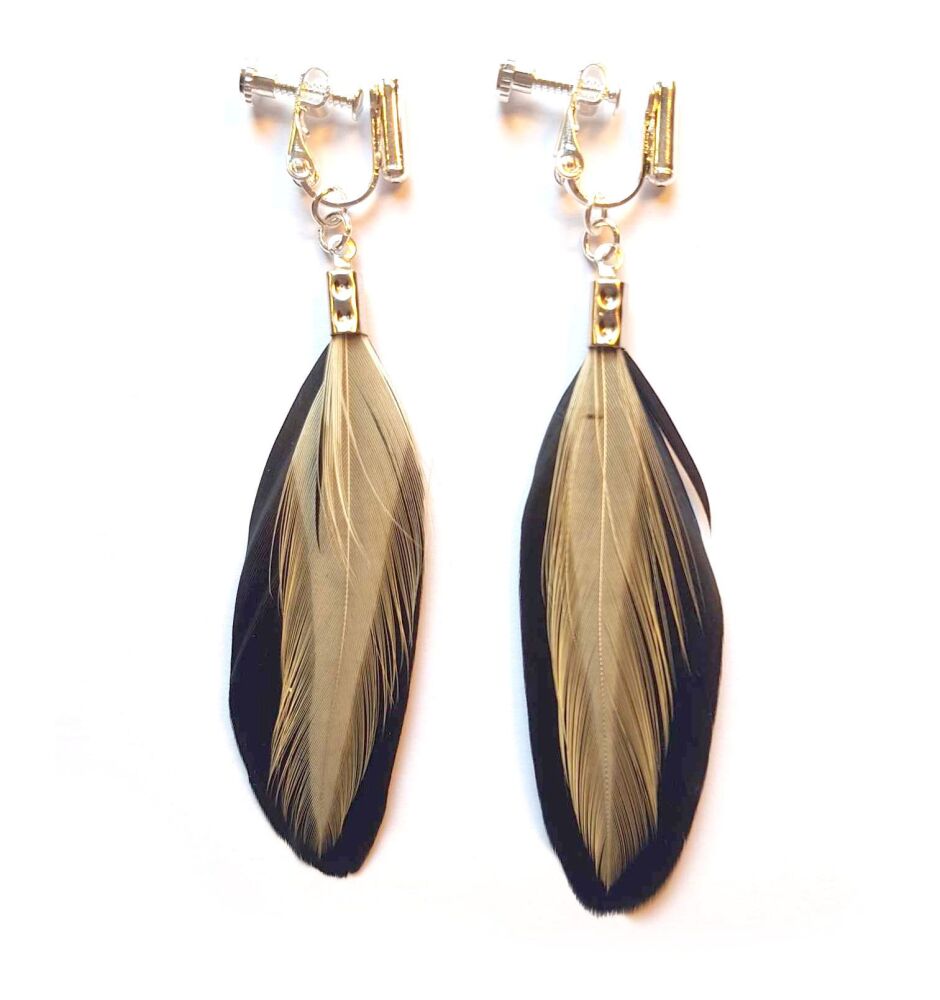 Black Feather Earrings with Cream Hackle Feathers (Clip on/Screw On)