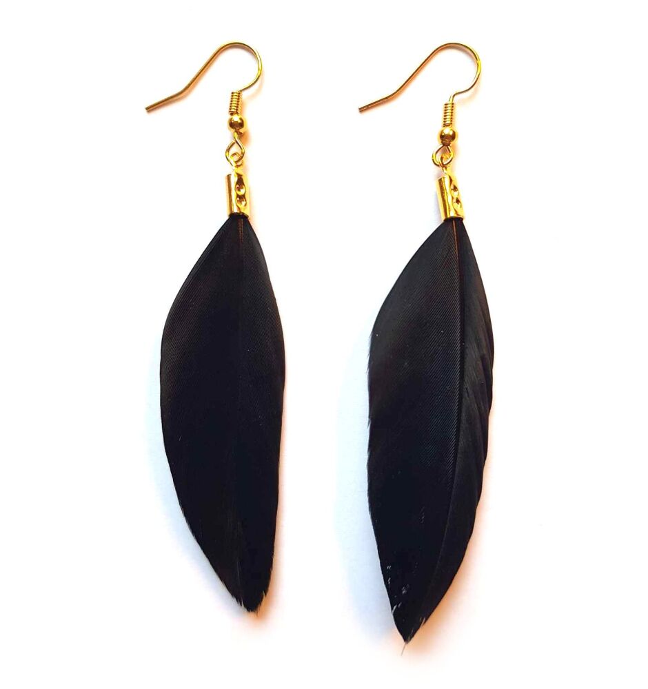 Black and Gold Goose Feather Earrings