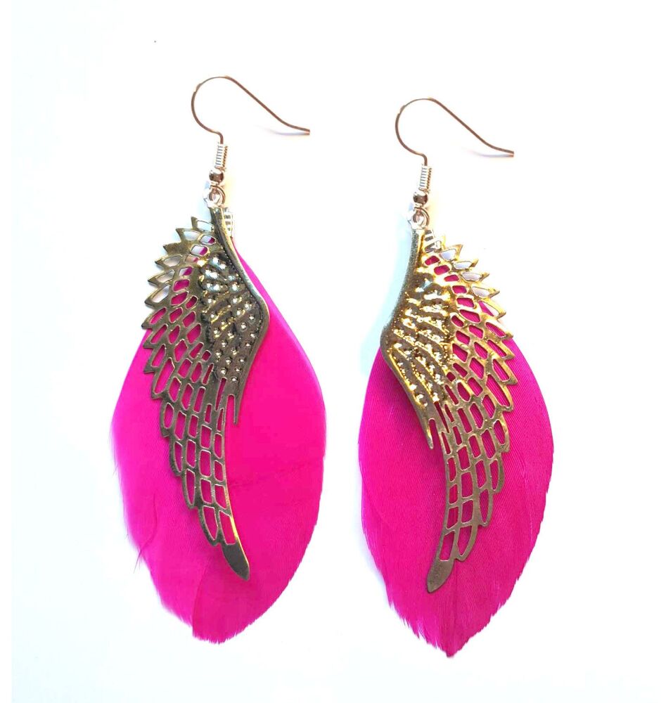 Shocking Pink and Silver Angel Wing Feather Earrings