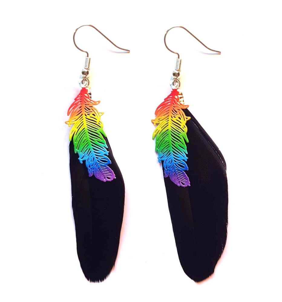Black Feather Earrings with Rainbow Feather Charm