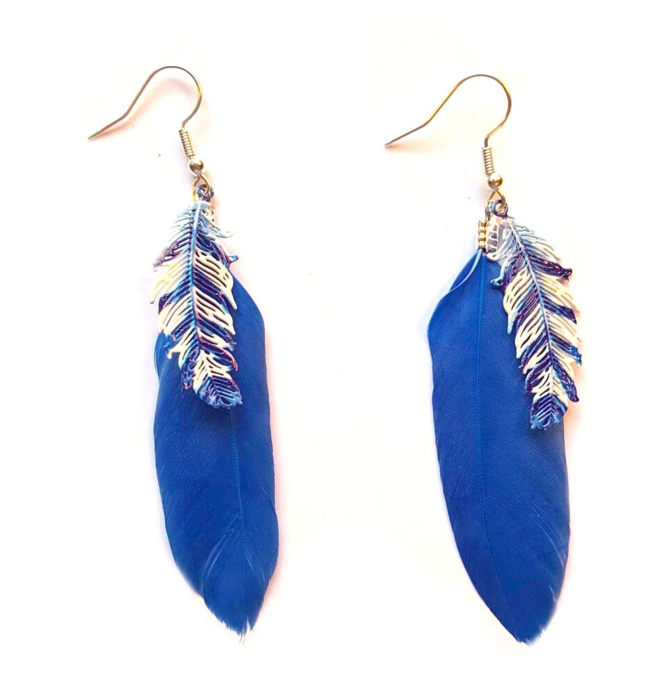 Blue and Silver Goose Feather Earrings with Blue and White Feather Charm