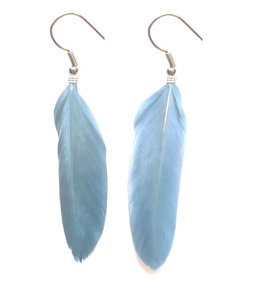 Dusky Blue and Silver Goose Feather Earrings