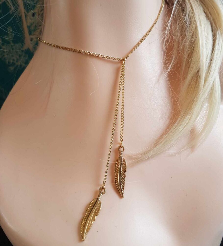 Gold and Feather Pendant Necklace