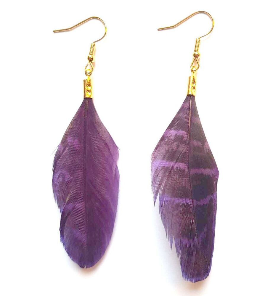 Purple Pheasant Feather Earrings (Ringneck Pattern)
