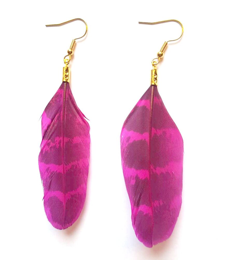 Dark Pink Pheasant Feather Earrings (Ringneck Pattern)