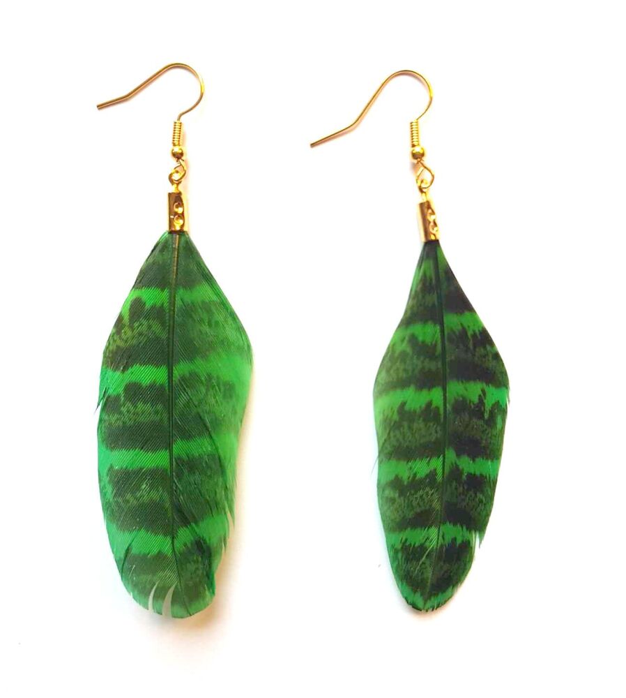 Green Pheasant Feather Earrings (Ringneck Pattern)