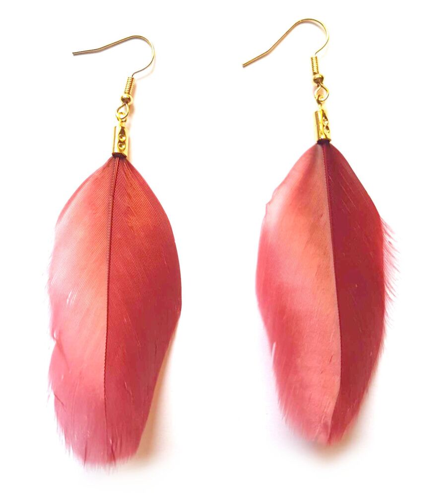 Burnt Red Goose Feather Earrings with Gold Earring