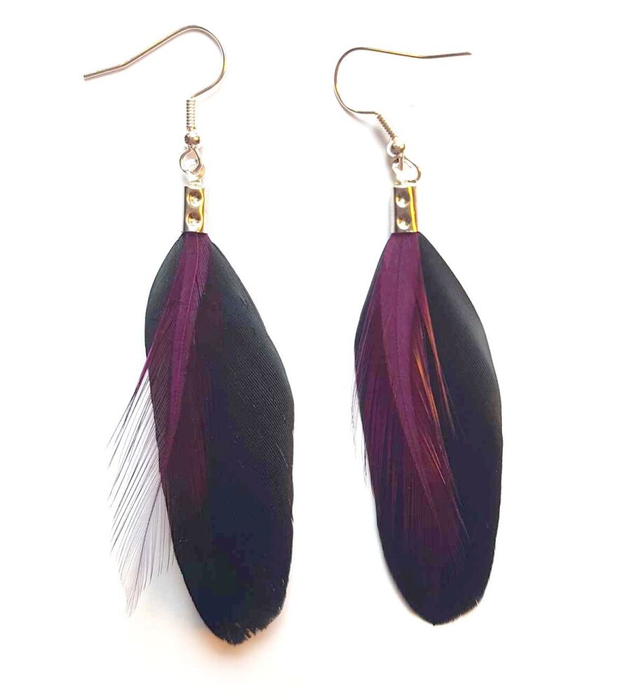 Black Feather Earrings with Plum Purple Hackle Feathers